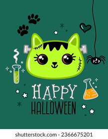 Cat Frankenstein illustration. Happy Halloween. Cute design for fabric or textile with spider, cat paws, heart, bones, chemical tubes and other vector elements