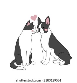 Cat and French bulldog love each other cartoon vector illustration	