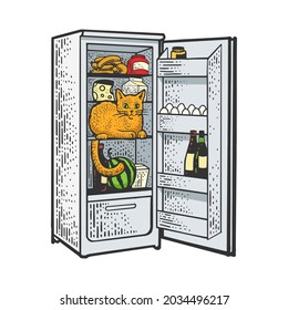 cat in the fridge with food color sketch engraving vector illustration. T-shirt apparel print design. Scratch board imitation. Black and white hand drawn image.