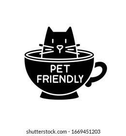 Cat friendly cafe black glyph icon. Kitten permitted food service establishment. Domestic animals allowed territory, pets welcome zone. Silhouette symbol on white space. Vector isolated illustration