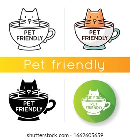 Cat friendly cafe icon. Kitten permitted food service establishment. Domestic animals allowed territory, pets welcome zone. Linear black and RGB color styles. Isolated vector illustrations