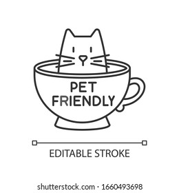 Cat friendly cafe pixel perfect linear icon. Kitten permitted food service establishment. Thin line customizable illustration. Contour symbol. Vector isolated outline drawing. Editable stroke