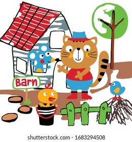 cat and friends in the farm,funny animal cartoon,vector illustration