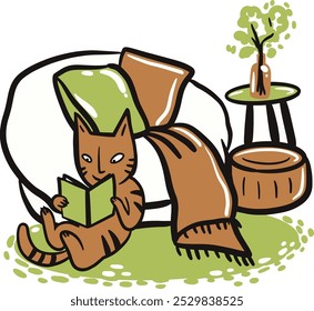 Cat in front of a beanbag reading