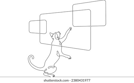Cat in front of big screens. Interactive monitors. The cat touches the big screen. Many monitors.One continuous line drawing.Linear. Hand drawn,white background.