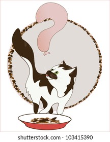 Cat in front of a bowl with the food that smells like sausage