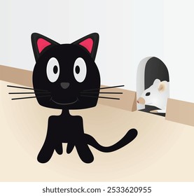 Cat in front of mouse hole. vector