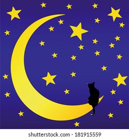 The Cat in front of a starry sky - Romantic illustration of a Cat on the Moon