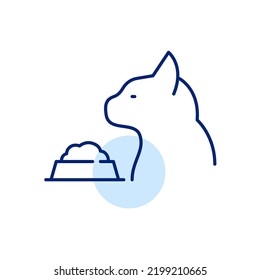 Cat and a full bowl of pet food. Pixel perfect, editable stroke line icon