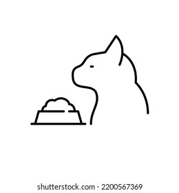 Cat and a full bowl of pet food. Pixel perfect, editable stroke icon