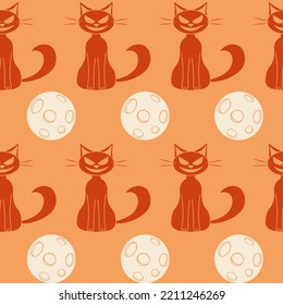 Cat and full Moon seamless pattern. Vector Halloween elements in endless background flat style