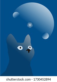 Cat and full moon. Cat silhouette and the moon, blue colors.