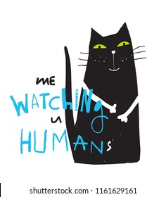 Cat Fun Lettering Design. Fun black cat hand drawn design sitting looking you.