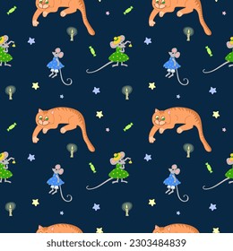 Cat and fun mouses, cat catches the mouse at night. Drawing for kids, seamless for printing.