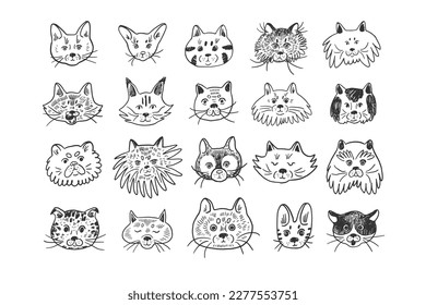 Cat funny animal face vector illustrations set.