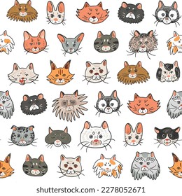 Cat funny animal face vector seamless pattern.