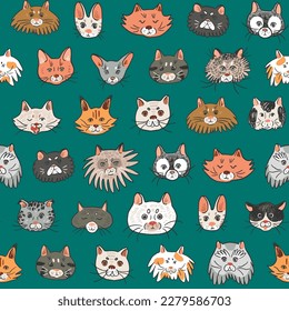 Cat funny animal face vector seamless pattern.