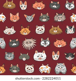 Cat funny animal face vector seamless pattern.