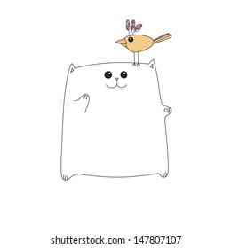 Cat with funny bird. Vector illustration