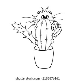 Cat. Funny fat doodle cat. Clipart. Vector illustration of a cat with a cactus.