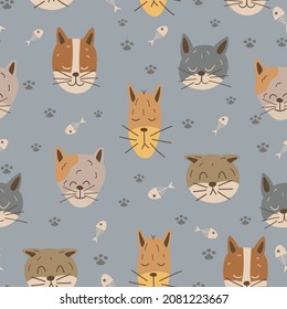 Cat funny feline seamless pattern. Cats heads and fish skeletons on gray background. Scandinavian background pet. Backdrop for wallpaper, print, textile, fabric, wrapping. Vector illustration