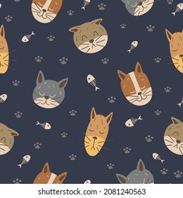 Cat funny feline seamless pattern. Cats heads and fish skeletons on gray dark background. Scandinavian background pet. Backdrop for wallpaper, print, textile, fabric, wrapping. Vector illustration