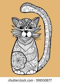 Cat. Funny cat. Playing cat. Kitten. Zentangl. Line art. Drawing by hand. Graphic arts. Decorative. Stylized. Dudling. Isolated.