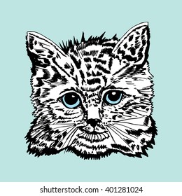Cat. Funny cat. Playing cat. Kitten. Zentangl. Line art. Drawing by hand. Graphic arts. Decorative. Stylized. Dudling. Isolated. Black and white. Tattoo.