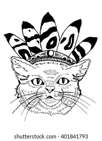 Cat. Funny cat. Playing cat. Kitten. Zentangl. Line art. Drawing by hand. Graphic arts. Decorative. Stylized. Dudling. Isolated. Black and white. Tattoo.