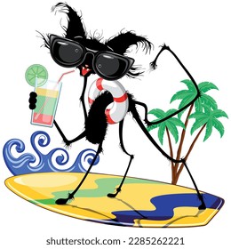 Cat Funny and Silly Character Summer Fun surfing on waves with a tropical Drink and big sunglasses vector illustration 