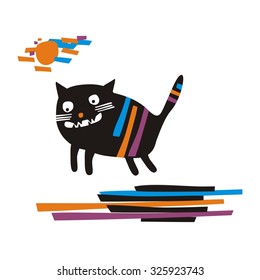 Cat. Funny striped. The flat illustration. Vector.