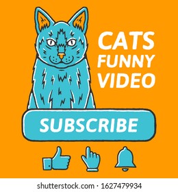 Cat Funny Video concept. Button Subscribe to channel, Bell button, Hand Cursor, Video Content. Social media and Cat concept on yellow background isolated. Stock Vector Illustration. 