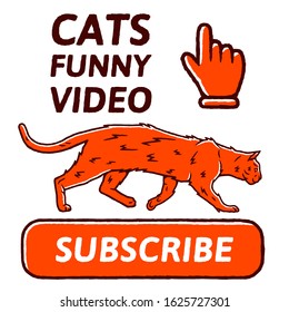 Cat Funny Video concept. Red Button Subscribe to channel, Hand Cursor, Video Content. Social media and Cat concept on white background isolated. Stock Vector Illustration. 