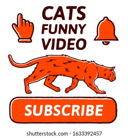 Cat Funny Video concept. Red Button Subscribe to channel, Bell button, Hand Cursor, Video Content. Social media and Cat concept on white background isolated. Stock Vector Illustration. 