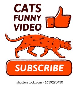 Cat Funny Video concept. Red Button Subscribe to channel, Video Content. Social media and Cat concept on white background isolated. Stock Vector Illustration. 