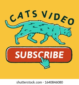 Cat Funny Video concept. Red Button Subscribe to channel, Hand Cursor, Video Content. Social media and Cat concept on yellow background isolated. Stock Vector Illustration. 