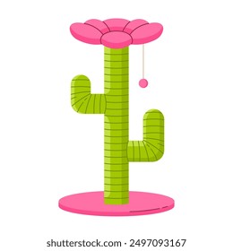 Cat furniture for sleep and plays. Cat cactus tree tower with climbing platforms, cat house and scratching post. Pet house with ball, condo tower. Isolated vector illustration in cartoon style