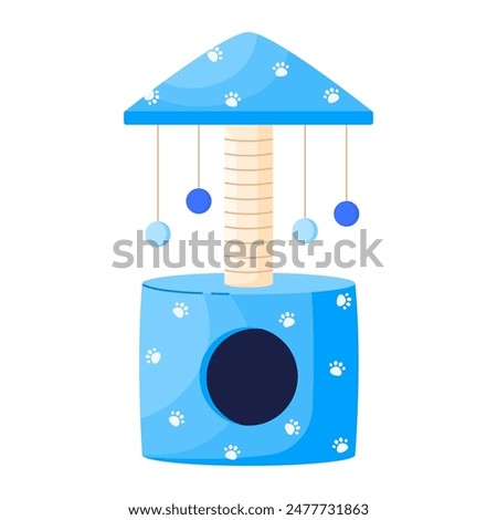 Cat furniture for sleep and plays. Cat tree tower with climbing platforms, cat house and scratching post. Pet house with toy balls, condo tower. Isolated vector illustration in cartoon style