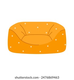 Cat furniture for sleep and rest. Yellow pet bed decorated with polka dot pattern. Comfortable sleeping cushion for cat or dog. Cozy pillow for animals. Isolated vector illustration in cartoon style