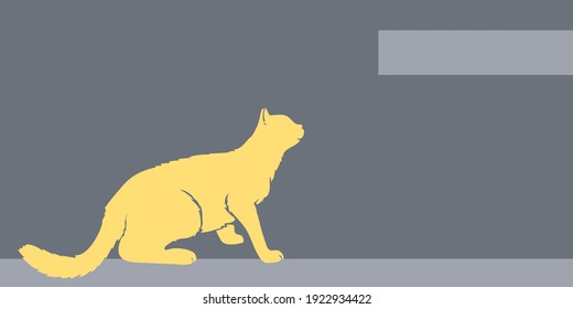 Gato mirando furtivamente hacia arriba, vista lateral de silueta, tarjeta de visita, afiche, plantilla de banner en colores de moda gris y amarillo. Ilustración vectorial con espacio para texto 