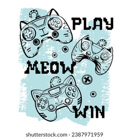 Ilustración de gamepad para gatos para el diseño de camisetas. Caricatura del personaje gamepad gato. Juega, mau, gana. Fondo de grueso de pista de pincel