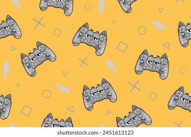 Cat gamepad seamless pattern with text gaming elements. Cartoon kitten joystick repeat print. Game pad cat print. Monster gamepad ornament on yellow background