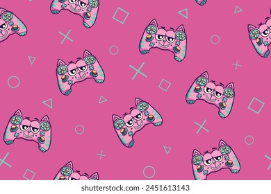 Cat gamepad seamless pattern with text gaming elements. Cartoon kitten joystick repeat print. Game pad cat ornament for girl clothes, wrapping paper. Monster gamepad ornament on pink