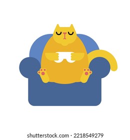Cat gamer and gamepad. Pet plays video game.