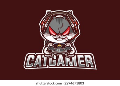Cat gamer headset mascot logo cartoon illustration vector