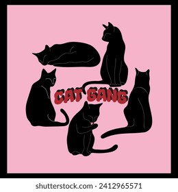 Cat gang. Retro cat. Black pink cat. Isolated.