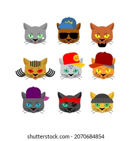 Cat Gangsta set. Angry pet muzzle. Animal bully member of gang of street criminals