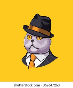 Cat Gangster, with hat and suit on yellow background