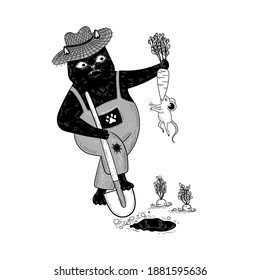 Cat gardener with a shovel. Funny mouse bites carrots. Cute gardening illustration.