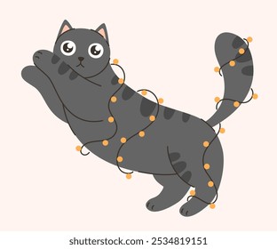 Katze mit Girlande. Flache Vektorgrafik.